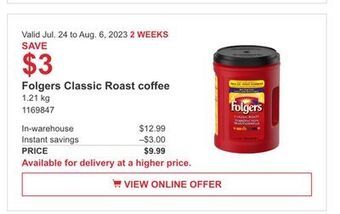Costco Folgers classic roast coffee offer