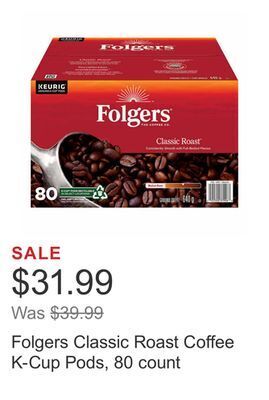 Costco Folgers classic roast coffee k-cup pods, 80 count offer
