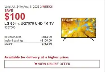 Costco LG 65-in. UQ7570 UHD 4K TV 9207065 offer