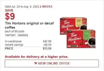 Costco Tim Hortons original or decaf coffee offer