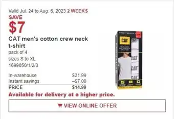 Costco CAT men's cotton crew neck t-shirt offer