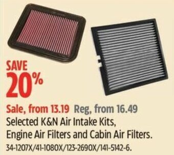 Canadian Tire Selected K&N Air Intake Kits, Engine Air Filters and Cabin Air Filters offer