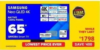 Visions Electronics SAMSUNG Neo QLED 4K NATIVE 120Hz PANEL, 65" QN92BA Smart TV offer