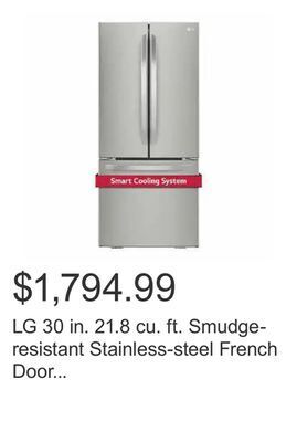 Costco Lg 30 in. 21.8 cu. ft. smudge-resistant stainless-steel french door refrigerator with smartdiagnosis offer