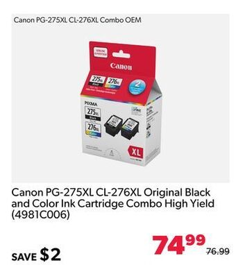 Shopper+ Canon pg-275xl cl-276xl original black and color ink cartridge combo high yield offer