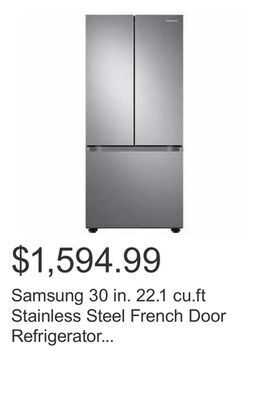 Costco Samsung 30 in. 22.1 cu.ft stainless steel french door refrigerator with recessed handle and flat door design offer
