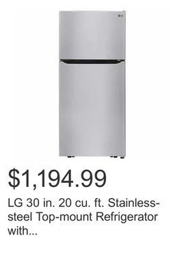 Costco Lg 30 in. 20 cu. ft. stainless-steel top-mount refrigerator with multi-air flow cooling and led lighting offer