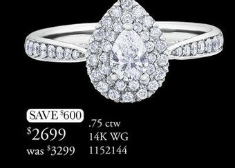 Charm Diamond Glacier fire 14k white gold pear shaped canadian diamond 0.75ctw bridal ring offer