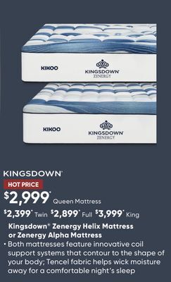 Sleep Country Kingsdown® zenergy helix mattress or zenergy alpha mattress offer