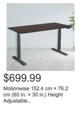 Costco Motionwise 152.4 cm × 76.2 cm (60 in. × 30 in.) height adjustable standing desk offer