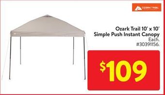 Walmart Ozark trail 10'x10' simple push instant canopy offer