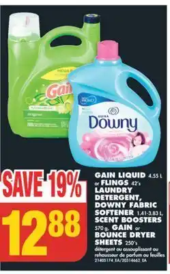No Frills Gain liquid 4.55 l or flings, 42's laundry detergent, downy fabric softener, 1.41-3.83 l, scent boosters, 570 g, gain or boun offer