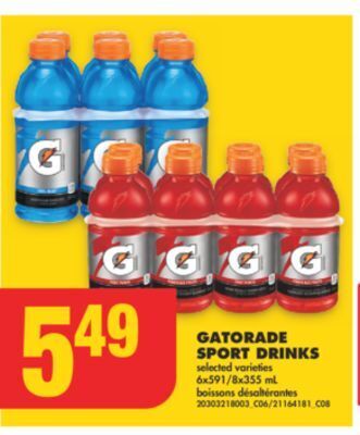 No Frills Gatorade sport drinks, 6x591/8x355 ml offer