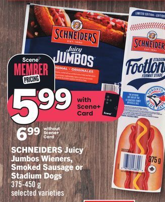 Foodland Schneiders juicy jumbos wieners, smoked sausage or stadium dogs offer