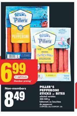 No Frills Piller's pepperoni sticks or bites, 300-500 g offer