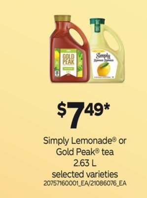 Loblaws Simply lemonade® or gold peak® tea, 2.63 l offer