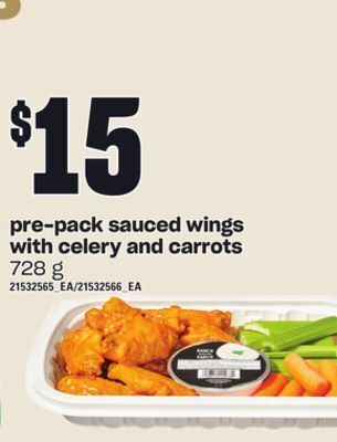 Loblaws Pre-pack sauced wings with celery and carrots, 728 g offer