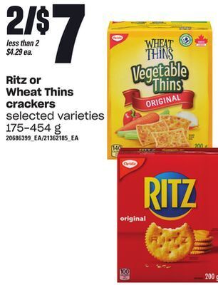 Loblaws Ritz or wheat thins crackers, 175-454 g offer