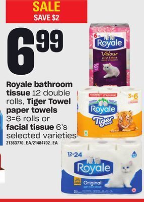 Independent Grocer Royale bathroom tissue, 12 double rolls, tiger towel paper towels, 3=6 rolls or facial tissue, 6's offer