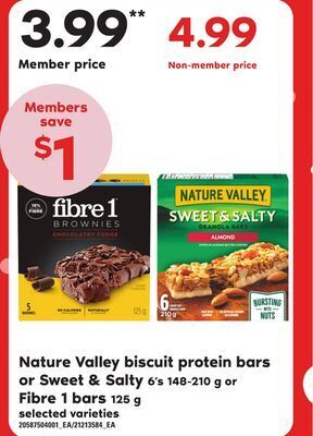 Loblaws Nature valley biscuit protein bars or sweet & salty, 6's 148-210 g or fibre 1 bars 125 g offer