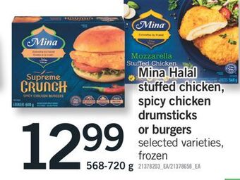 Fortinos Mina halal, stuffed chicken, spicy chicken drumsticks or burgers, 568-720 g offer
