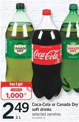 Fortinos Coca-cola or canada dry soft drinks, 2 l offer