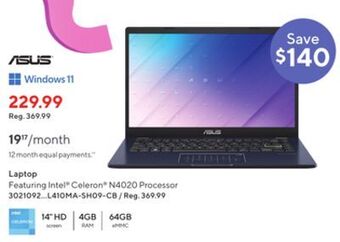 Staples Asus laptop featuring intel celeron n4020 processor offer