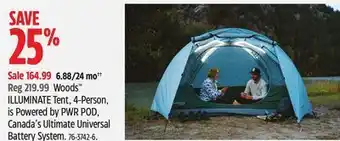 Canadian Tire Woods illuminate tent, 4-person, is powered by pwr pod, canada's ultimate universal battery system offer