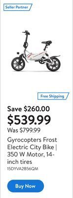 Walmart Gyrocopters frost electric city bike | 350 w motor, 14-inch tires offer