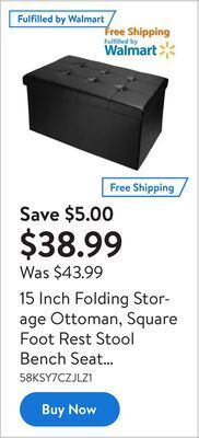 Walmart 15 inch folding storage ottoman, square foot rest stool bench seat poly linen organizer grey offer