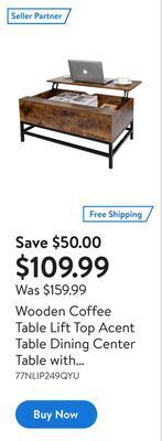 Walmart Wooden coffee table lift top acent table dining center table with storage compartment for living room reception room offer