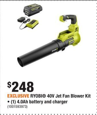 Home Depot Exclusive ryobi® 40v jet fan blower kit • (1) 4.0ah battery and charger offer