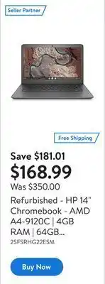 Walmart Refurbished - hp 14 chromebook - amd a4-9120c | 4gb ram | 64gb emmc | win 10 - chalkboard gray offer