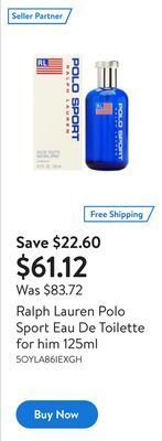 Walmart Ralph lauren polo sport eau de toilette for him 125ml offer