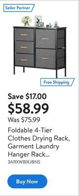 Walmart Foldable 4-tier clothes drying rack, garment laundry hanger rack with 2 side wings and 4 casters offer