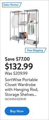 Walmart Sortwise portable closet wardrobe with hanging rod, storage shelves and freestanding clothes rack organizers -max load 396lbs offer