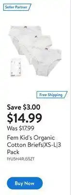 Walmart Fem kid's organic cotton briefs|xs-l|3 pack offer