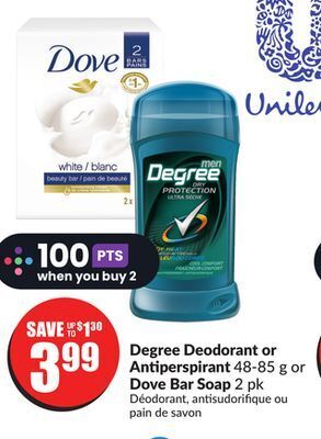 Chalo FreshCo Degree deodorant or antiperspirant 48-85 g or dove bar soap 2 pk offer