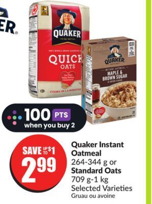 Chalo FreshCo Quaker instant oatmeal 264-344 g or standard oats 709 g-1 kg selected varieties offer