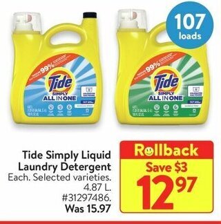 Walmart Tide Simply Liquid Laundry Detergent offer