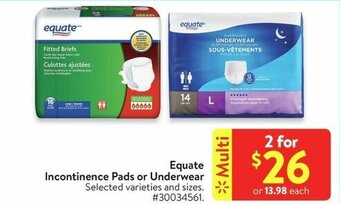 Walmart Equate Incontinence Pads or Underwear offer
