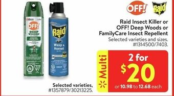 Walmart Raid Insect Killer or OFF! Deep Woods or FamilyCare Insect Repellent offer