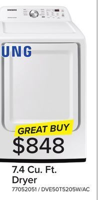 Leon's Samsung white electric dryer with sensor dry (7.4 cu.ft) - dve50t5205w/ac offer