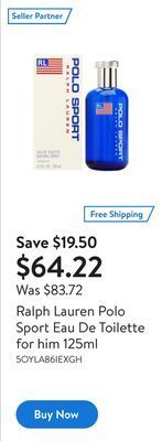 Walmart Ralph lauren polo sport eau de toilette for him 125ml offer