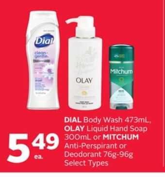 Rexall Dial body wash 473ml, olay liquid hand soap 300ml or mitchum anti-perspirant or deodorant 76g-96g offer