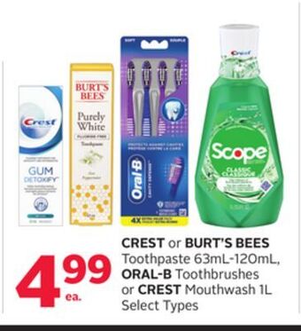 Rexall Crest or burt's bees toothpaste 63ml-120ml, oral-b toothbrushes or crest mouthwash 1l offer