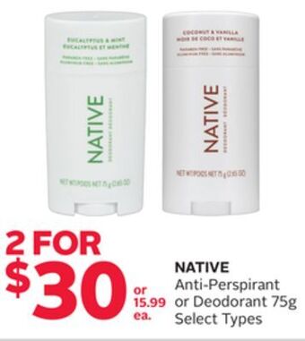 Rexall Native anti-perspirant or deodorant 75g offer
