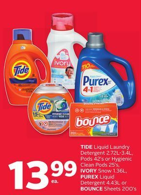 Rexall Tide liquid laundry detergent 2.72l-3.4l, pods 42' s or hygienic clean pods 25' s, ivory snow 1.36l, purex liquid detergent 4 offer