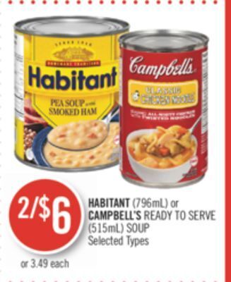 Shoppers Drug Mart Habitant (796ml) or campbell's ready to serve (515ml) soup offer
