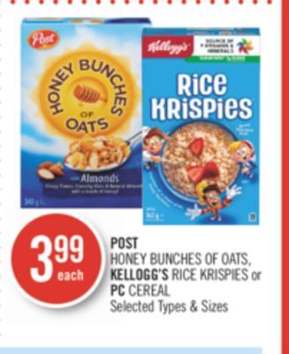 Shoppers Drug Mart Post honey bunches of oats, kellogg's rice krispies or pc cereal offer